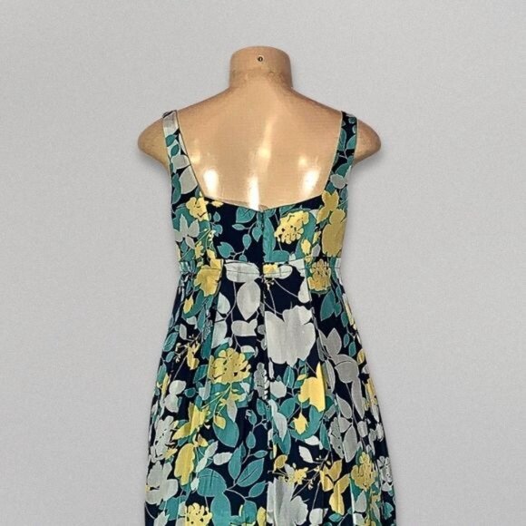 BCBG Paris Dress Floral Sleeveless Pleated Skirt Square Neck Silk Blue/Yellow 2 - Picture 2 of 13